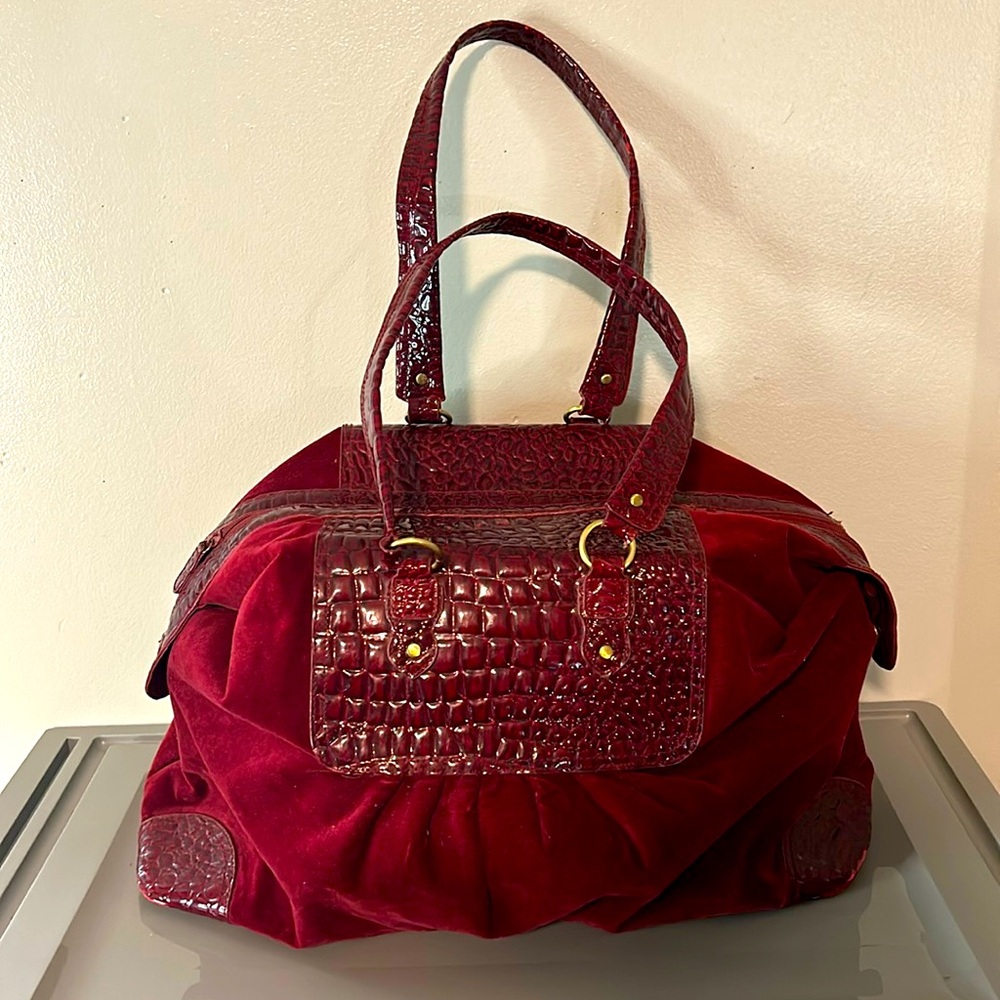 Unknown Manufacturer Burgundy Velvet/Faux Leather Tote Bag in great condition